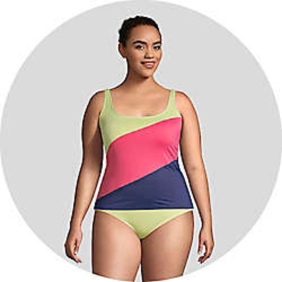 Lands’ End Squareneck Tankini Swim Top Plus Size 24W Underwire Sea Navy Lime - Picture 7 of 7